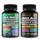 Shilajit och Sea Moss Combo - Sea Moss och Shilajit Bundle med Ashwagandha, Black Seed, gurkmeja, Bladderwrack, Burdock, Black Pepper med vitaminer och antioxidanter - 120 Veggie Capsules