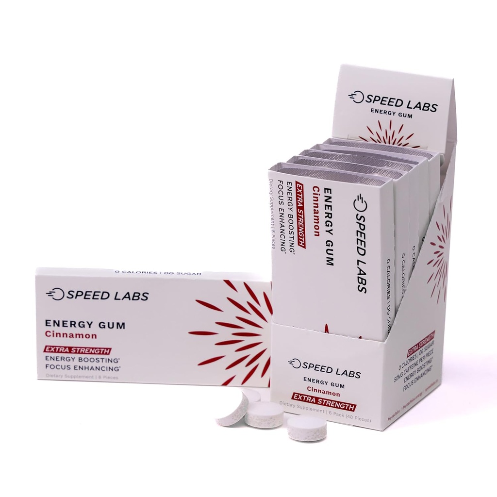 Speed Labs Cinnamon Extra Strength Caffeine Chewing Gum 50mg Caffeine, Taurine, & B Vitamins Per Piece, 48 Pieces (6 Packs of 8 Pieces) Sugar Free, Zero Calorie, No Aspartame, Gluten Free