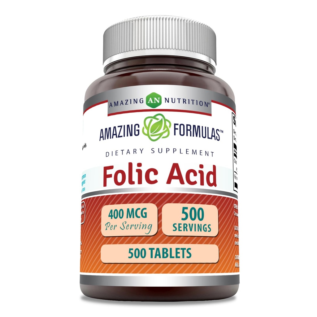 Fantastiska formler Folic Acid (Vitamin B9) 400 mcg | Tabletter Supplement | Icke-GMO | Gluten Free | Made in USA (1 Pack, 500 Count)