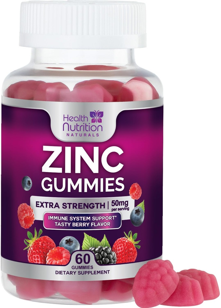 Zink Supplements 50mg Gummies - Max Strength Skin Health & Immune Support Gummy, Vegan, Non-GMO & Gluten Free - Bästa Zink Supplement Antioxidant & Bone Health Chewable Tasty Berry Flavor - 60 Gummies
