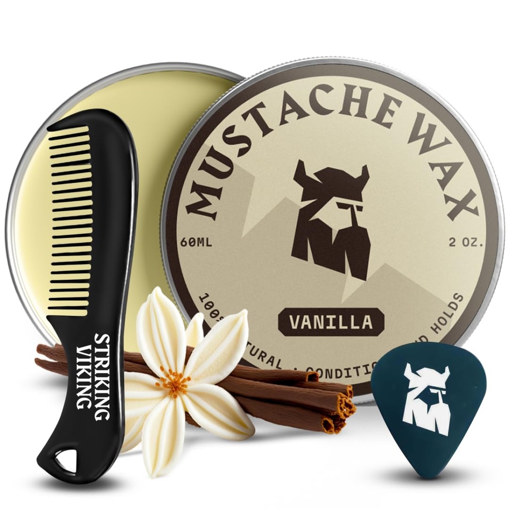 Slående Viking Mustache Wax & Comb Kit - 2 oz, Vanilla - Komplett Mustache Grooming Kit för män - Strong-Hold Styling & Wax Strong Hold - Pocket-Sized Precision & Styling Comb