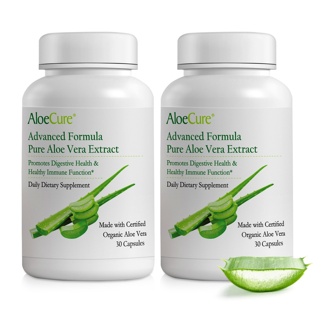 AloeCure Organic Aloe Vera Capsules, 160,000mg Inner Aloe Leaf Equivalent per Servering, Support Gut, Digestive, & Immune Health, hjälper till att upprätthålla balanserad magsyra, Aloin Free, 30Caps x 2Btl