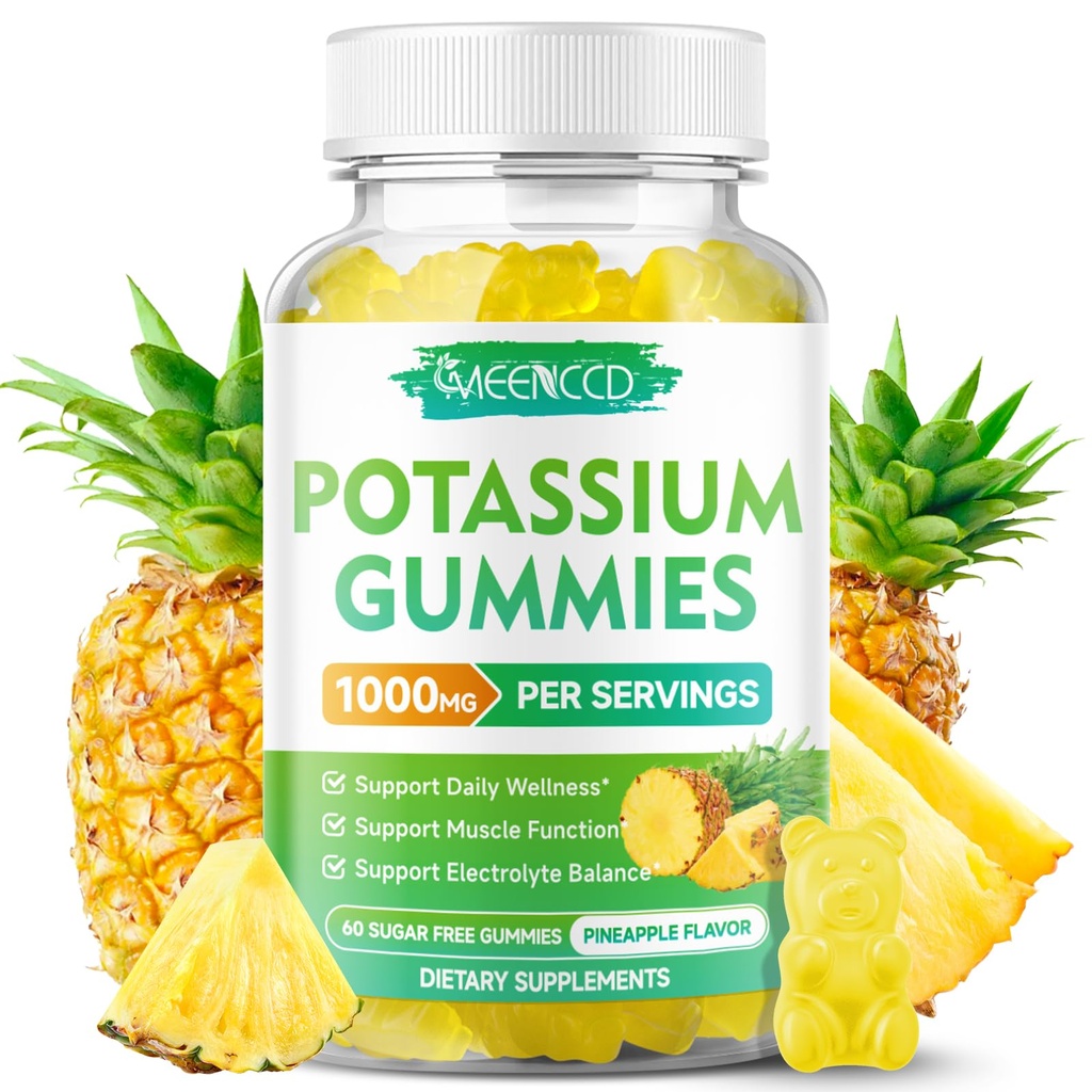 Kaliumcitrat Gummies 1000mg, High Potency Potassium Supplement Gummies för vuxna kvinnor och män, Support Leg Cramps & Muscle Health, Sugar-Free, Pineapple Flavor, 60 Count