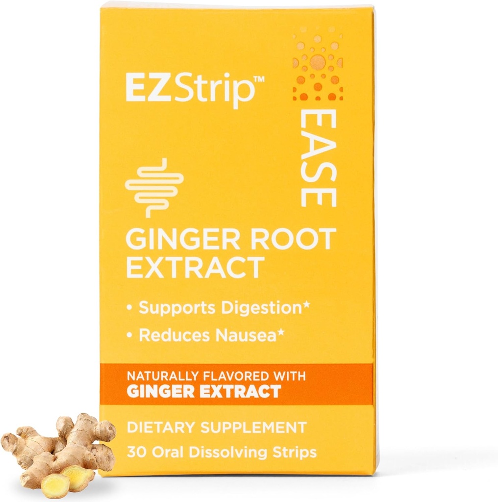 Ease Supplement - Ginger Flavor, 30 Count - Dissolving Strips med Ginger Root Hjälp Stöd Nausea Relief, Morning och Motion Sickness och Digestion - Tillverkad i USA, Sugar och Gluten-Free