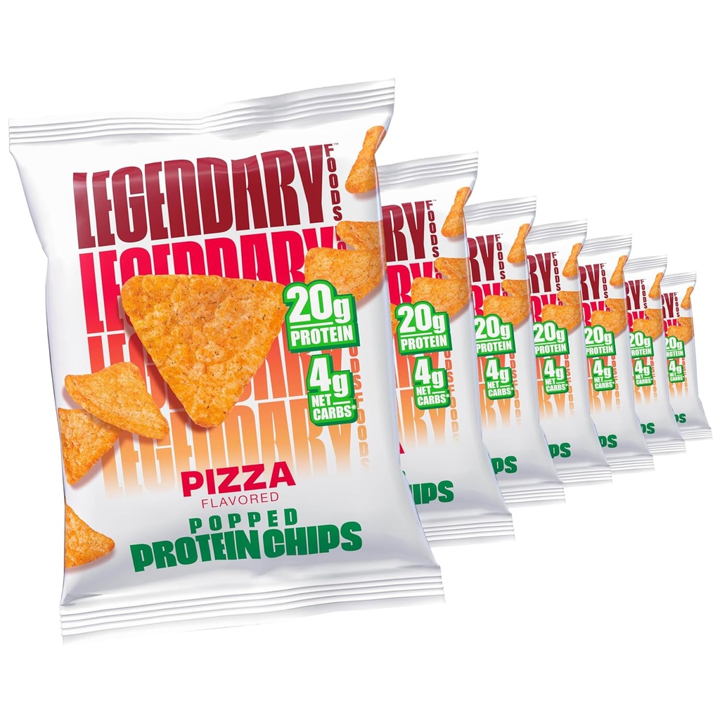 Legendary Foods Pizza Protein Chips - Popped Tortilla Style - 20g High Protein, 4g Net Carbs, Low Sugar, Gluten Free, Keto Snack Packs - 7 Count - Healthy Crunchy Chips