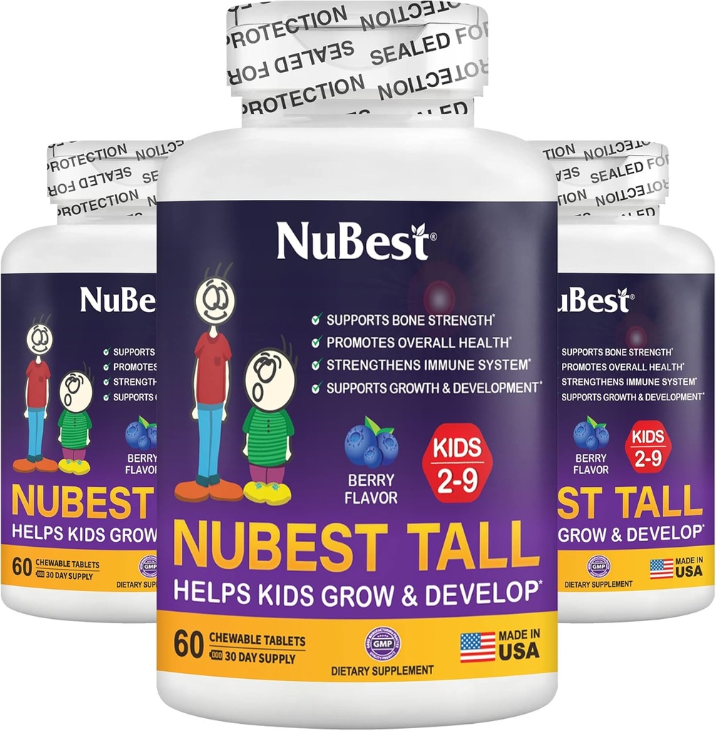 NuBest Tall Kids - Multivitaminer & Mineraler för ålder 2 till 9 - Benstyrka & immunitet Support - Hjälper barn, småbarn friska - djurformer - 180 tuggbara bär tabletter | 3 månaders leverans