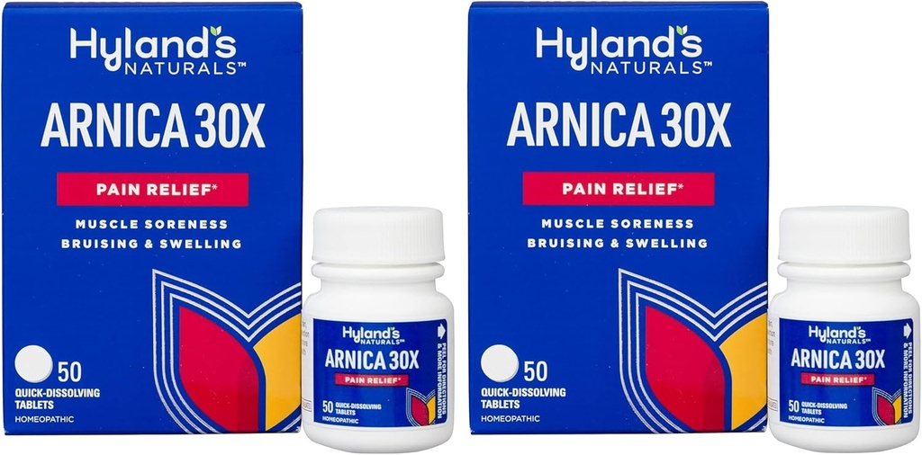 Hylands natur Arnica Montana 30x tabletter, Natural Relief of Bruises, Swelling & Muscle Soreness, Quick Dissolving Tablets, 50 Count (Pack of 2)