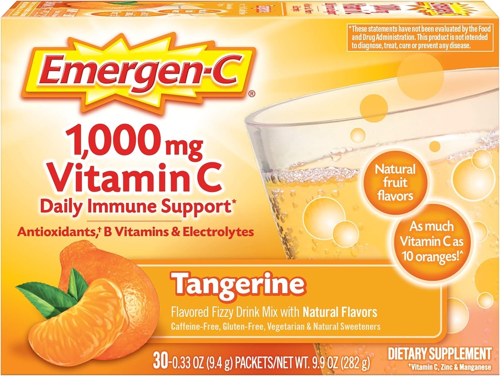 Emergen-C 1000mg Vitamin C-pulver, med antioxidanter, B-vitaminer och elektrolyter, vitamin C-tillskott för immunstöd, koffeinfri fizzydrycksmix, Tangerin smak - 30 greve