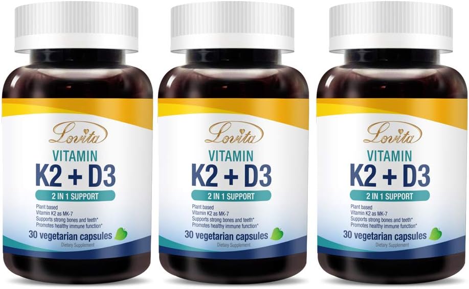 Lovita Vitamin K2 + D3, 400 IE Vegan Vitamin D3 & 120 mcg Vitamin K2 (MK-7), 2 i 1 Formel, Immune Vitamin Complex, stöder ditt hjärta, tänder och immunfunktion, 30 vegetariska kapslar (Pack of 3)