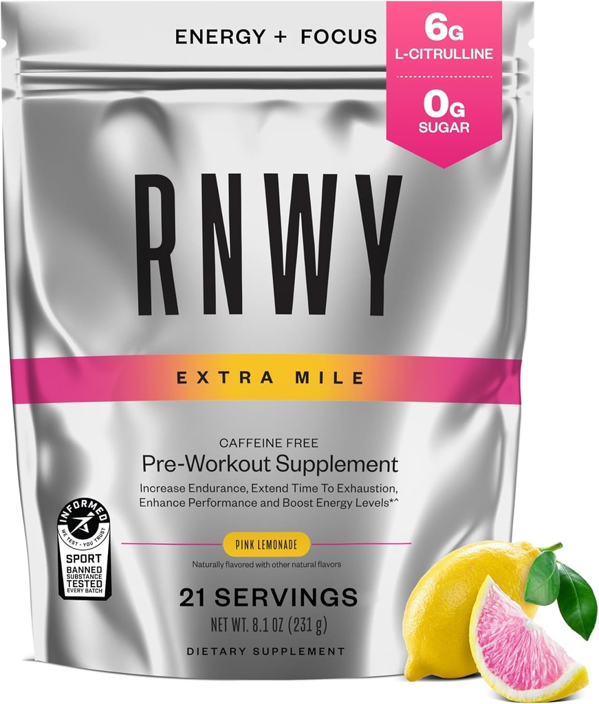 Extra Mile Caffeine Free Pre Workout Powder, 6g L-Citrulline, Sugar Free, Stimulant Free, med DynamineTM och TeaCrine® för uthållighet och fokus, 21 portioner (Pink Lemonade)