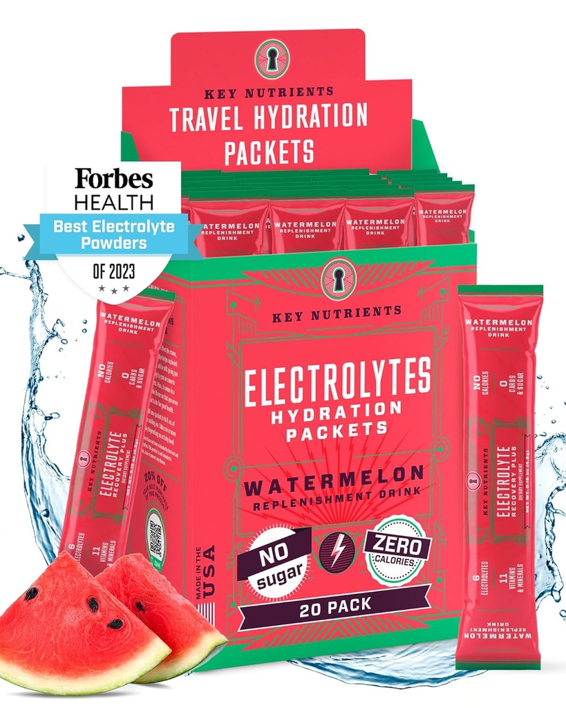 KEY NUTRIENTS Electrolytes Powder Packets - Uppfriskande vattenmelon 20 Pack Hydration Packets - Travel Hydration Powder - No Sugar, No Calories, Gluten Free - Made in USA