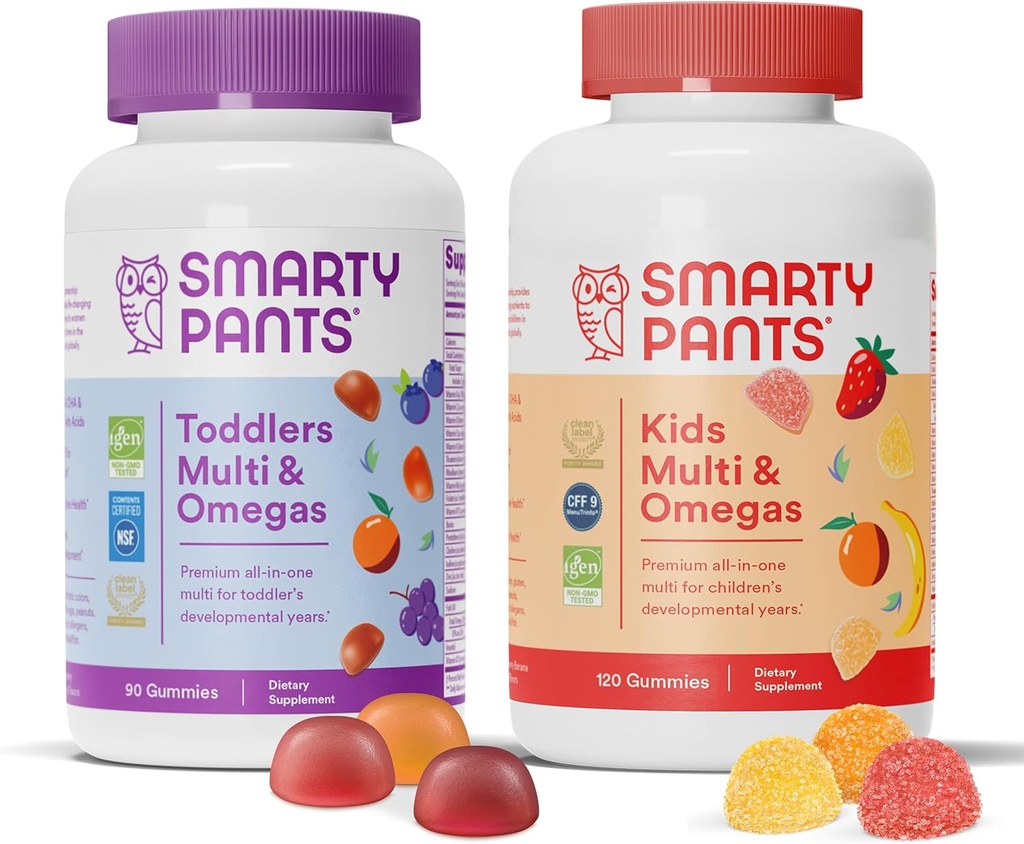 SmartyPants Toddler och Kids Multivitamin Gummies Bundle: Omega 3 Fish Oil (EPA / DHA), Vitamin D3, C, Vitamin B12, B6, A, K & Zink, Biotin, Gluten Free, Three Fruit Flavors (30 Day Supply)