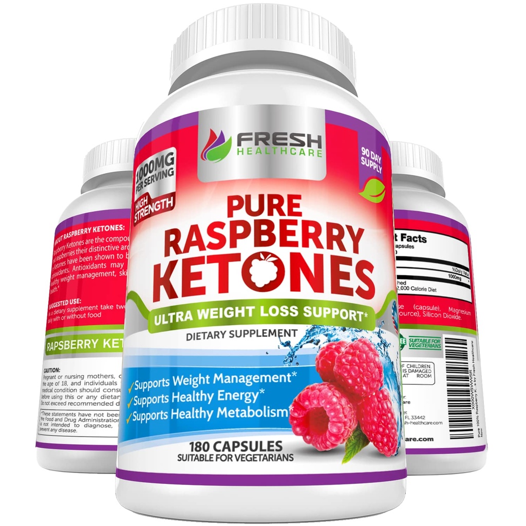 FRESH HEALTHCARE Ren 100% Raspberry Ketones Max 1000mg Per Servering - 3 månaders Supply Non GMO - Avancerad viktminskning stöd - 180 kapslar
