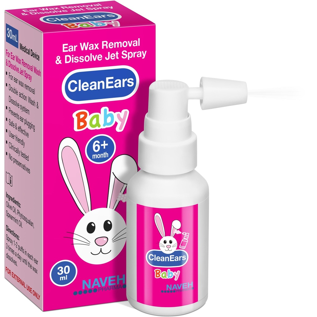 NAVEH PHARMA® CleanEars Baby | Fast-Acting Ear Wax Removal Spray | Bryter ner och löser Earwax i bara 1 Behandling | Kliniskt bevisad att vara 300% mer effektiv | Mineral Oil, Gentle & Safe | 1 OZ