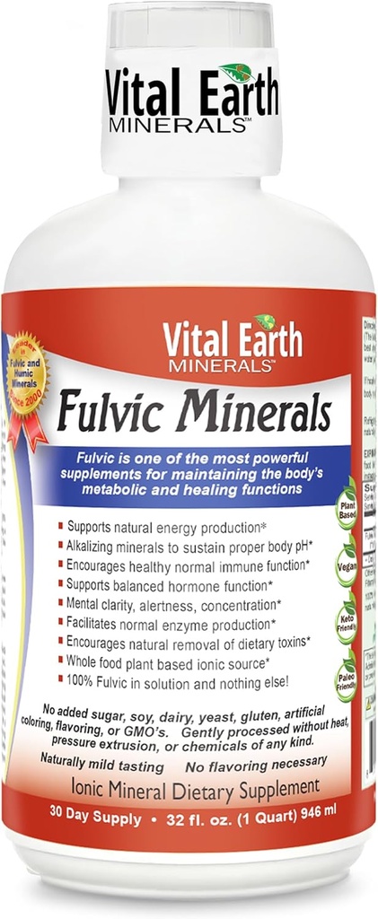 Vital Earth Minerals Fulvic Minerals Liquid – Fulvic Acid Supplement with 70+ Trace Minerals, Electrolytes for Energy & Vitality, 32 Oz + 1 Oz Cup
