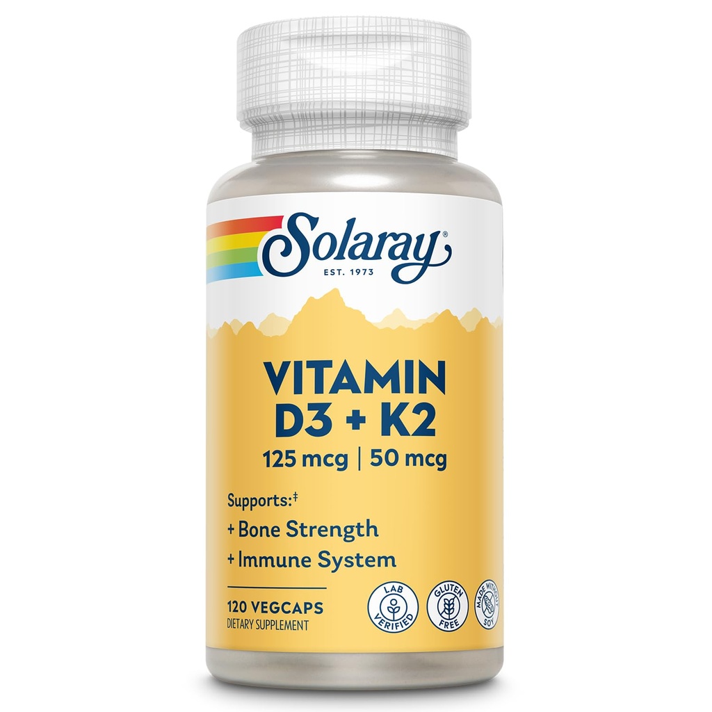 SOLARAY Vitamin D3 K2 - Bone Health and Immune Support Supplement - Med 5000 IE Vitamin D som Vit D3 och 50 mcg Vitamin K2 som Menoquinone MK7, Made Without Soy, 60-Day garanti, 120 Serv, 120 VegCaps