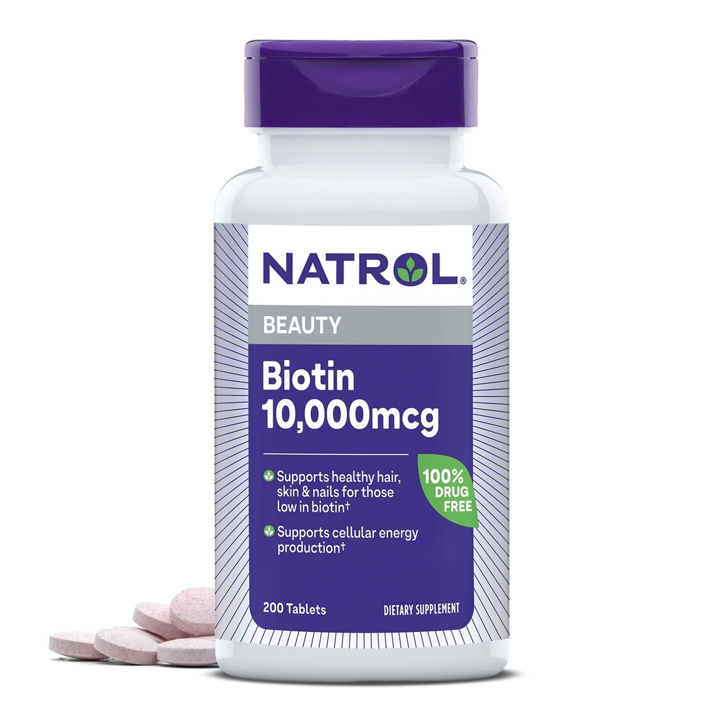 Natrol Biotin 10000mcg, Supplement for Healthy Hair, Skin and Nails for They Low in Biotin, Plus Energy Metabolism Support, 200 tabletter, upp till en 200 dagars leverans