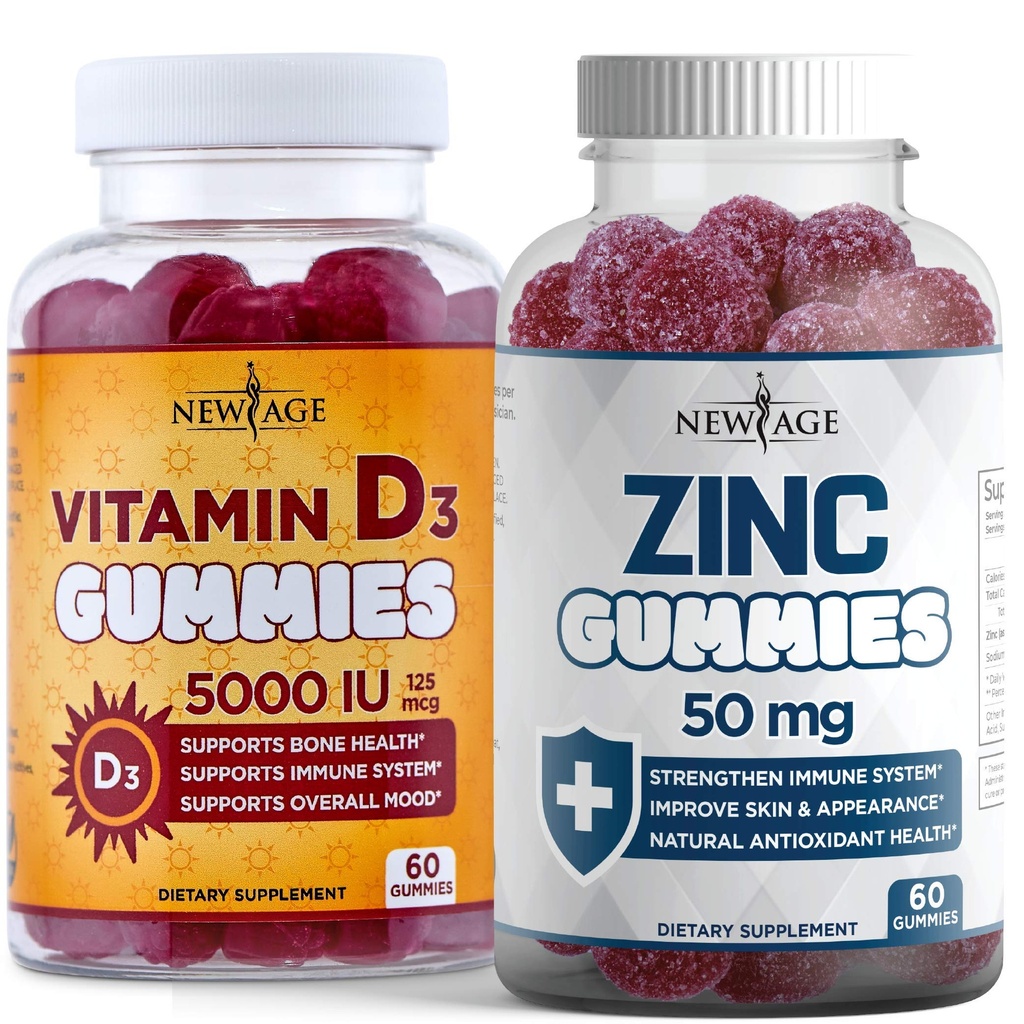 NEW AGE Immune Defense Combo - 2 Pack - Vitamin D3 Gummies 5000 IE 125mcg & High Potency Zink Gummies, Immune Booster 120 Count
