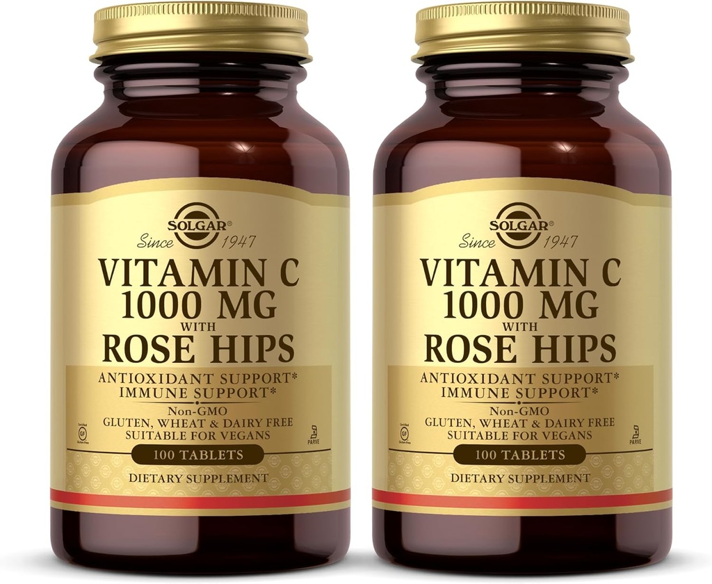 Solgar Vitamin C 1000 mg med Rose HIPS - 100 tabletter, Pack of 2 - Antioxidant & Immune Support - Icke-GMO, Vegan, Gluten Free, Dairy Free, Kosher - 200 Totala portioner