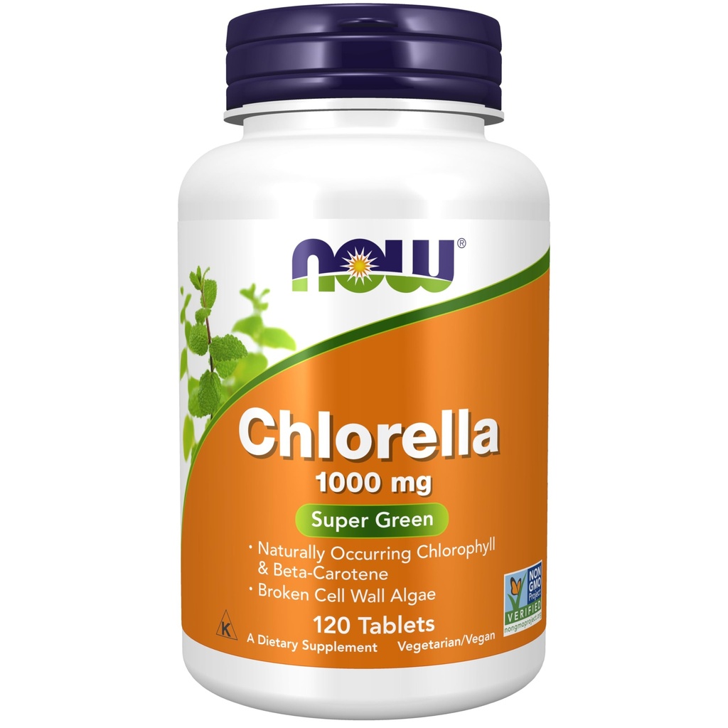 Nu livsmedelstillskott, Chlorella 1000 mg med naturligt förekommande klorofyll, Beta-Carotene, blandade karotenoider, vitamin C, järn och protein, 120 tabletter