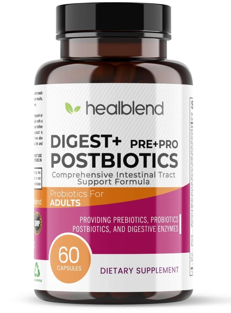 Digest + Postbiotika Supplement för kvinnor och män, multienzymer, organisk prebiotikum och probiotikum för Digestive Health med Bromeline, Papin och Lipase, icke-GMO, glutenfri, 60 vegetariska Caps