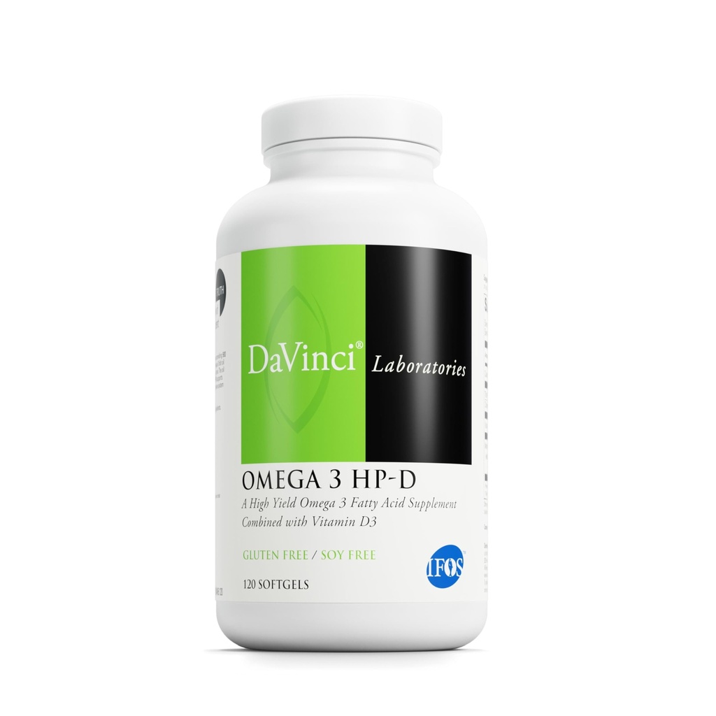 DAVINCI Labs Omega 3 HP-D - Dietary Supplement for Healthy Joints and Immune, Cardiovascular and Skin Health Support - med vitamin D3 och mer glutenfri - Lemon Flavor - 120 Softgels