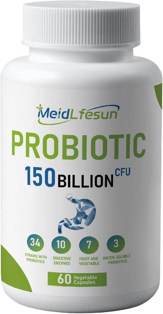 Organic Probiotic and Prebiotics,150 Billion CFU 34 Strains, Digestive Enzymes,for Men and Women, 60 Vegan Capsules for Gut Health & Digestive Support, Non-GMO, Gluten Free