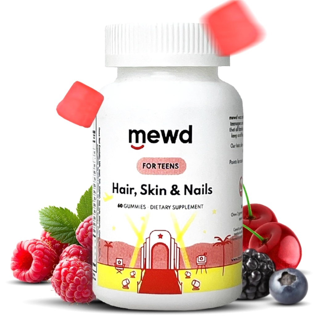 MEWD Teen and Kids Hair, Skin+Nails Daily Multivitamin Gummy Strengthener Formel - Chewable Vitamin Supplements with Biotin, Zinc,Vitamins A, B, & D3 for Girls & Boys, 60, Made in USA