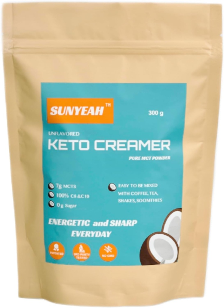 SUNYEAH MCT Powder- MCT Oil Powder, KETO Coffee Creamer, Pure C8 C10, No-Sugar, Från kokos, 300 g, Utmärkt i kaffe, te, vatten, shakes, smoothies, Unflavoured, No-GMO