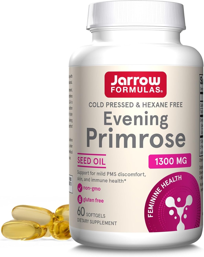 Jarrow Formulas Cold Pressed och Hexane Free Evening Primrose, Kosttillskott, Feminin Hälsa, Stöd för hud och immunhälsa, 60 Softgels, Upp till en 60-dagars leverans