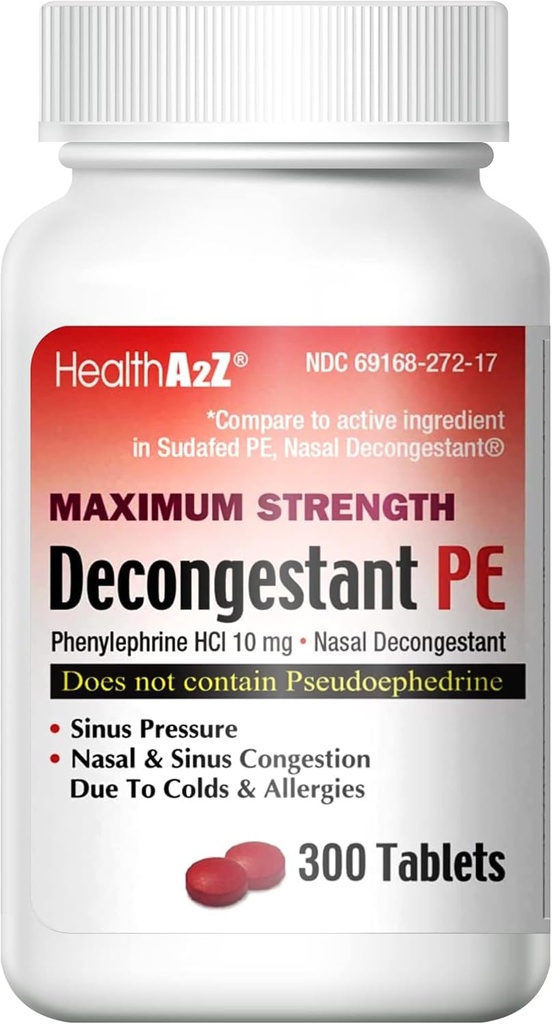 HealthA2Z® Decongestant PE | Phenylephrine HCl 10 mg | Nasal & Sinus Congestion Relief Due to Cold & Allergies (300 Count (Pack of 1))