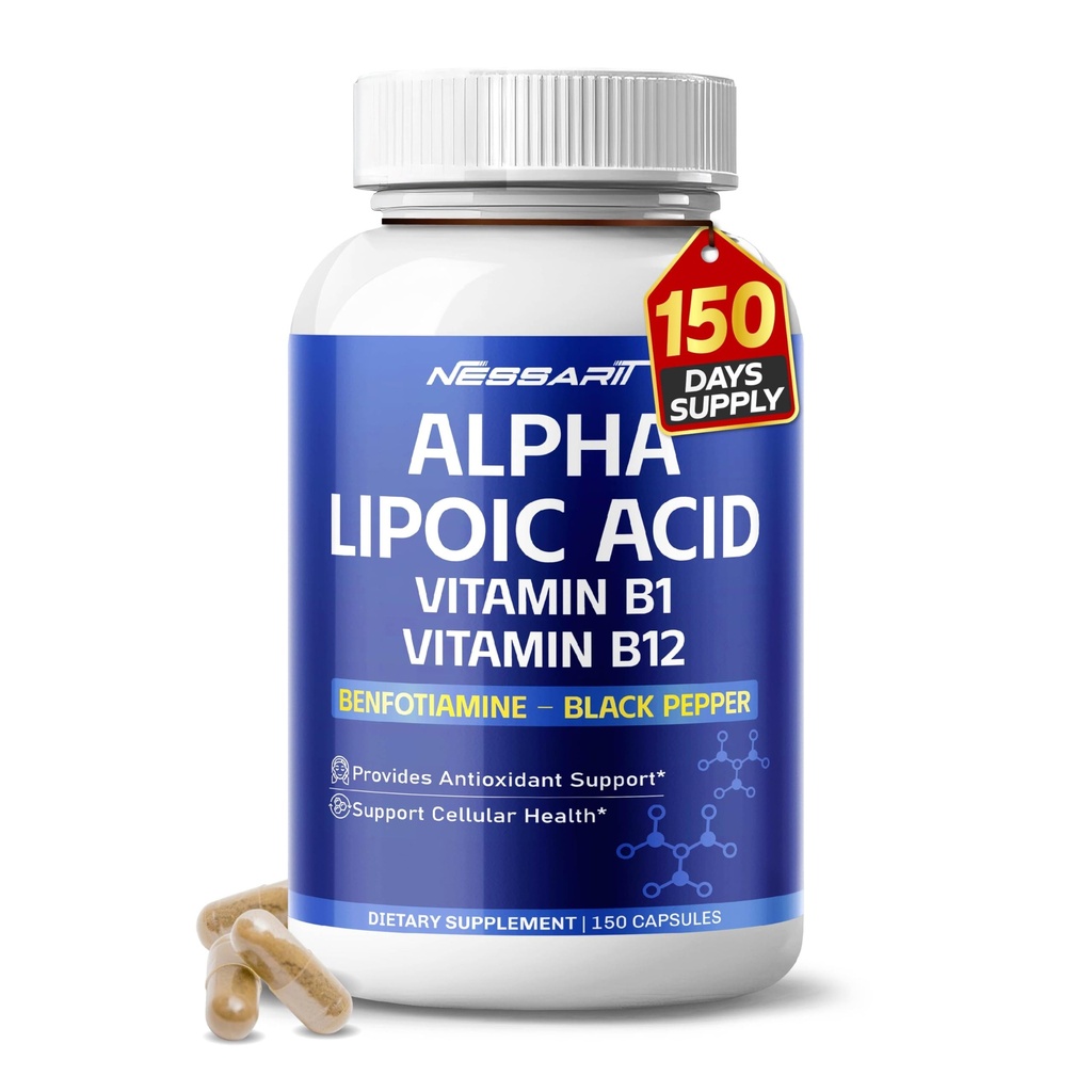 Alpha Lipoic Acid High Potency med vitamin B1, Vitamin B12, Benfotiamine, Ubiquinol, Black Pepper - Support Cellular Health - 150 Count - Made & Tested i USA