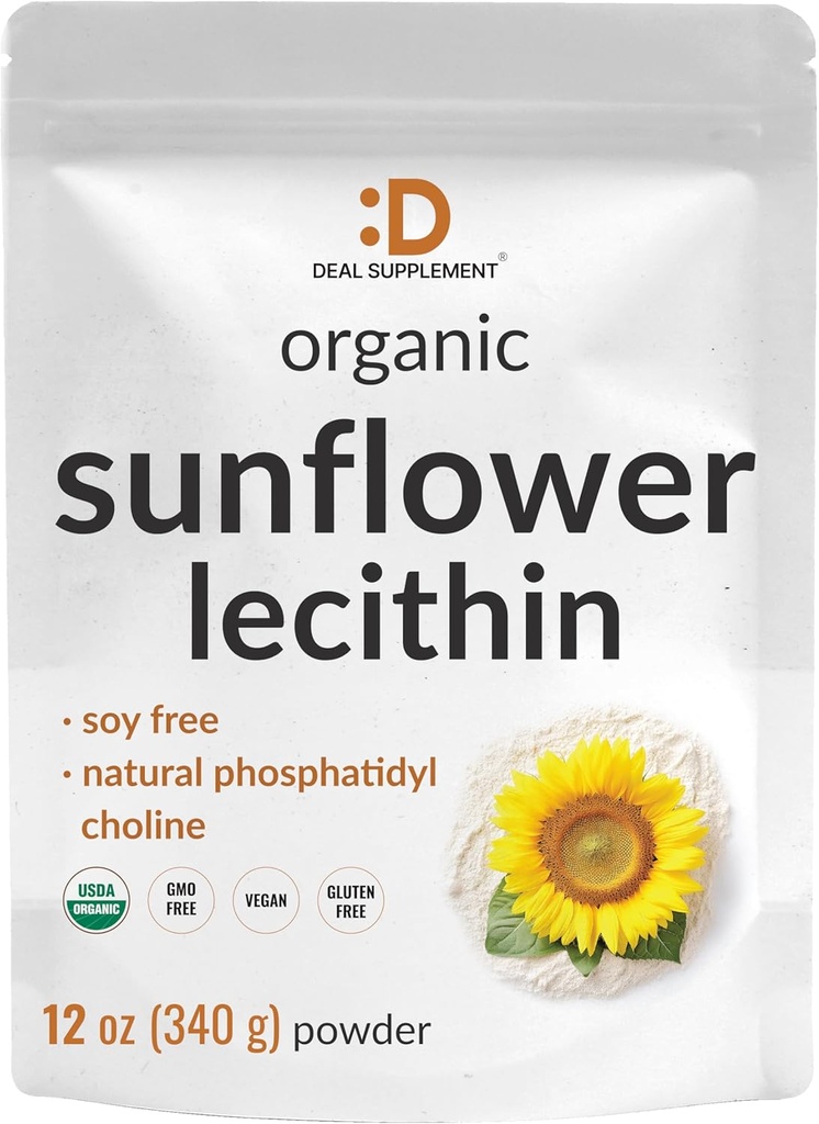 Organic Sunflower Lecithin Powder, 12oz - Sojafri, växtbaserad, naturligt förekommande Phosphatidyl Choline - Laktationstillägg för kvinnor - Icke-GMO
