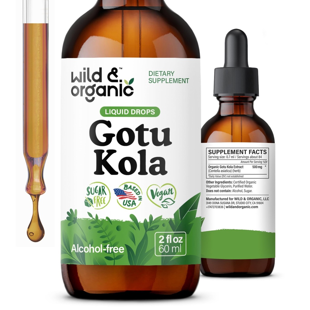 Wild & Organic Gotu Kola Herb Tincture - Brain Support - Gotu Kola Liquid Extract Drops - Vegan, Sugar & Alkoholfri Centella Asiatica Supplement - 2 fl oz