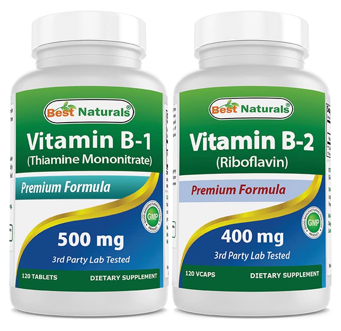 Bästa naturliga vitamin B1 som tiamin Mononitrate 500 mg och vitamin B2 (Riboflavin) 400 mg
