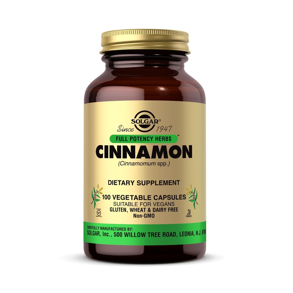Solgar Cinnamon - 100 Vegetable Capsules - Full Potency (FP) - Non-GMO, Vegan, Gluten Free, Dairy Free, Kosher - 100 portioner
