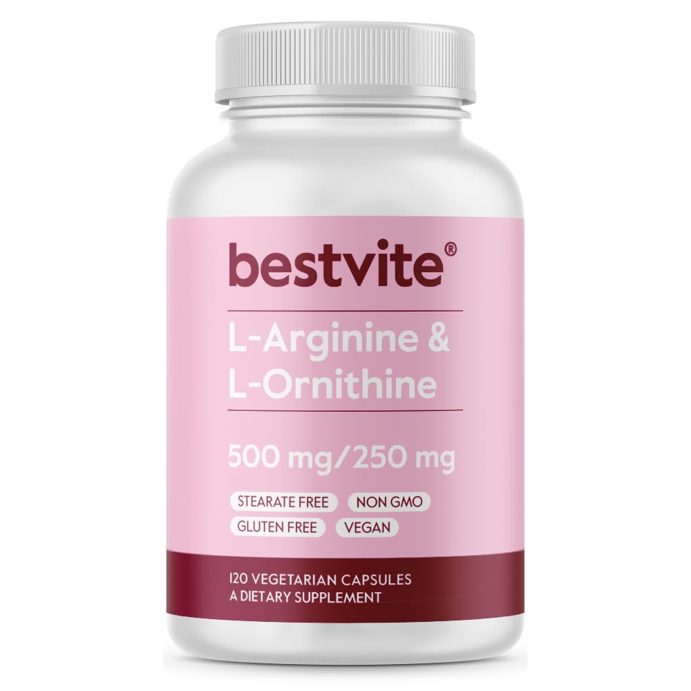 BESTVITE L-Arginine L-Ornithine 500-250 (120 Vegetariska kapslar) - Inga Stearates - Inga fillers - Vegan - Non GMO - Gluten Free - Ingen kalciumsilikat
