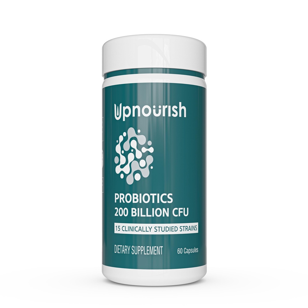 UpNourish Probiotics - 200 miljarder CFU för män och kvinnor, 15 kliniskt studerade stammar, prebiotika och enzymer - 60 Vegan kapslar