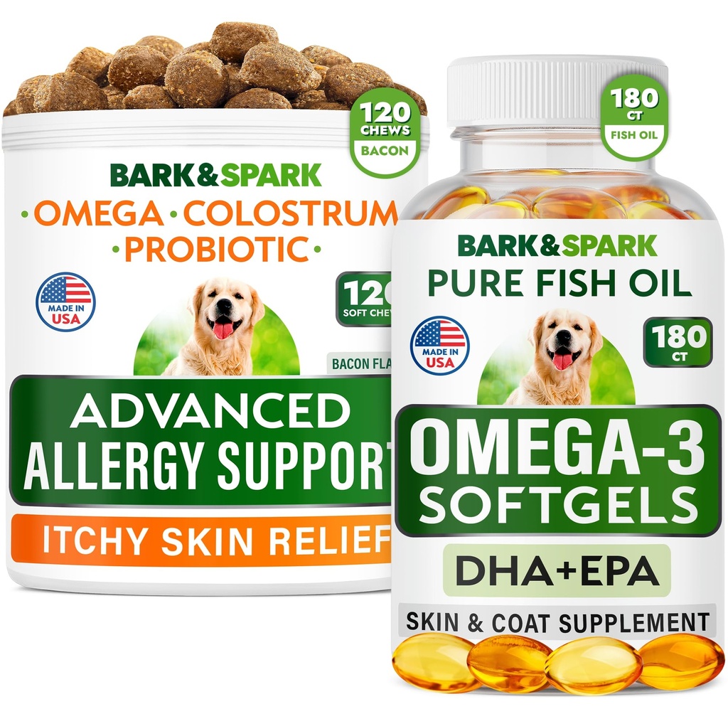 Advanced Dog Allergy + Omega 3 Bundle - Itch Relief - Probiotics w/Fish Oil Omega 3 + EPA & DHA Fatty Acid - Skin Allergies + Joint Health - 120 Chews + 180 Softgels - Bacon + Fish Flavor - Tillverkad i USA