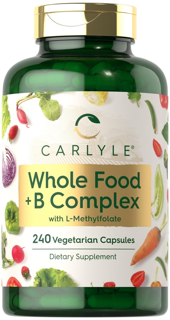 Carlyle Vitamin B Complex Whole Foods Blend | 240 Capsules | med B1, B2, B6, B12, Biotin, Niacin och Methylfolate | Vegetarisk, icke-GMO & Gluten Free Supplement