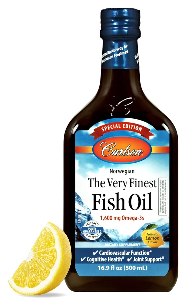 Carlson - The Very Finest Fish Oil, Special Edition, 1600 mg Omega-3s, Liquid Supplement, Norwegian Fish Oil, Wild-Caught, Sustainably Sourced Liquid, Lemon, 500 ml (16,9 Fl Oz)