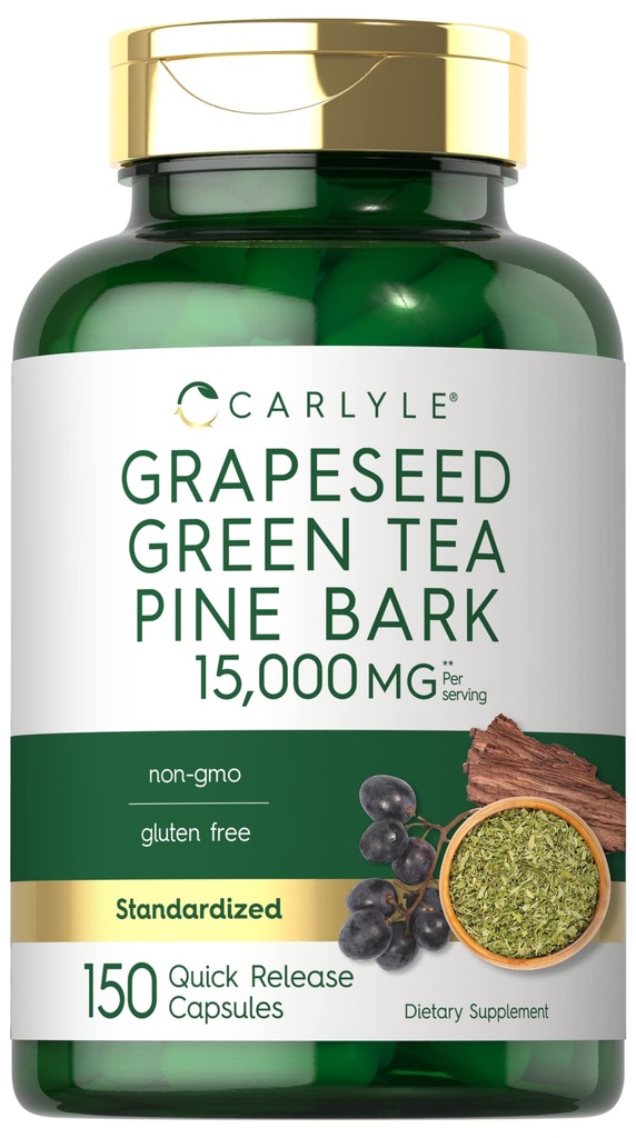 Carlyle Grapeseed, Green Tea, Pine Bark | 15 000 mg | 150 kapslar | Icke-GMO och Gluten fri tillägg