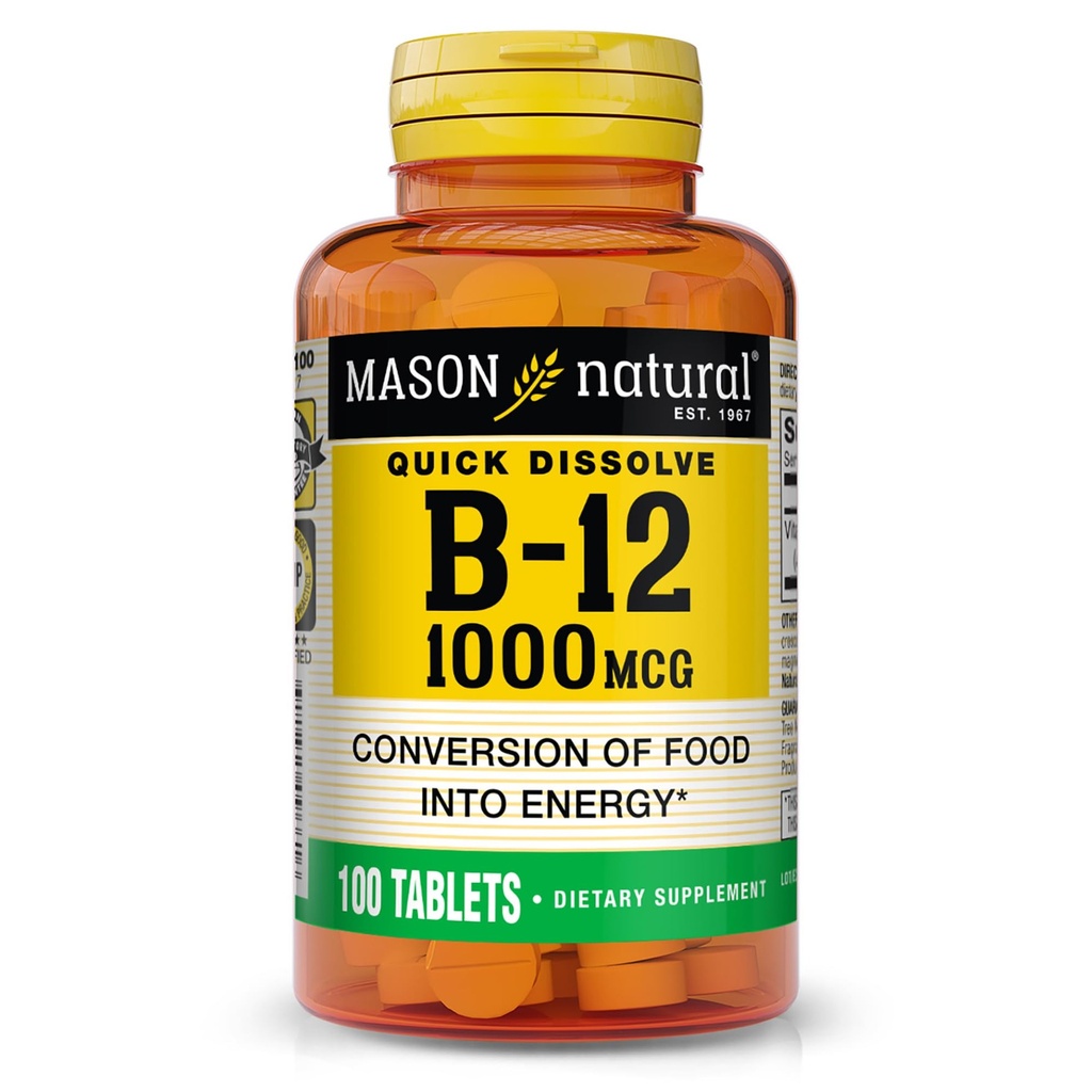 MASON NATURAL Vitamin B12, 1000 mcg Quick Dissolve Tablets, Fast Absorption B Complex för att stödja normal energi och nervfunktion, 100 tabletter