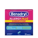 Benadryl Allergy Plus Överbelastning Ultratabs, Medicin med Diphenhydramine HCl Antihistamine & Phenylephrine HCl Nasal Decongestant, Allergy & Sinus Överbelastning Tabletter, 24 ct