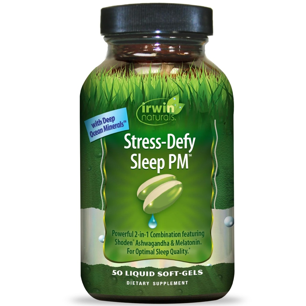 Irwin Naturals Stress-Defy Sleep PM - 50 Liquid Soft-Gels - Kraftfull 2-i-1 Kombination med Ashwagandha & Melatonin - 25 portioner