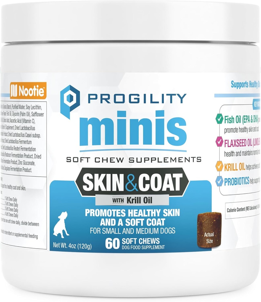 Nootie Progility Mini Skin & Coat Supplement för små hundar, fiskolja stöder hälsosam hud och rock, 60 mjuka chews per behållare