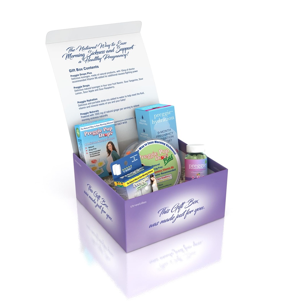 Tre Lollies Preggie Gift Box - Naturlig, Graviditet Nausea Relief Essentials med Anti-Sickness Lozenges, Hydration Packets, Ginger Capsules och Anti-Nausea Bands för Morning Sickness