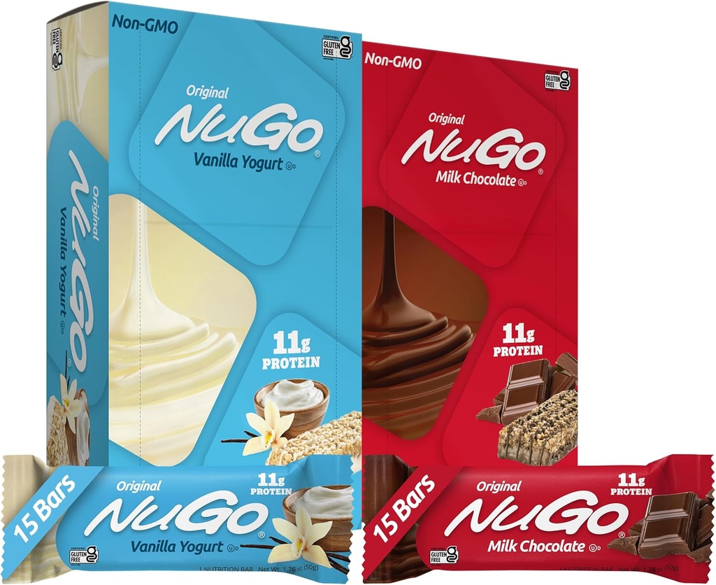NuGo Original Variety, Vanilla Yogurt 15 barer & Chocolate 15 barer, 11g Protein, Gluten Free, 30 greve
