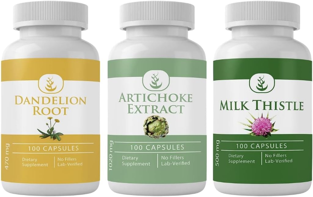 PURE ORIGINAL INGREDIENTS Artichoke Extract, Milk Thistle och Dandelion Root Capsule Bundle (100 kapslar vardera), inga tillsatser eller fillers, Lab Verified