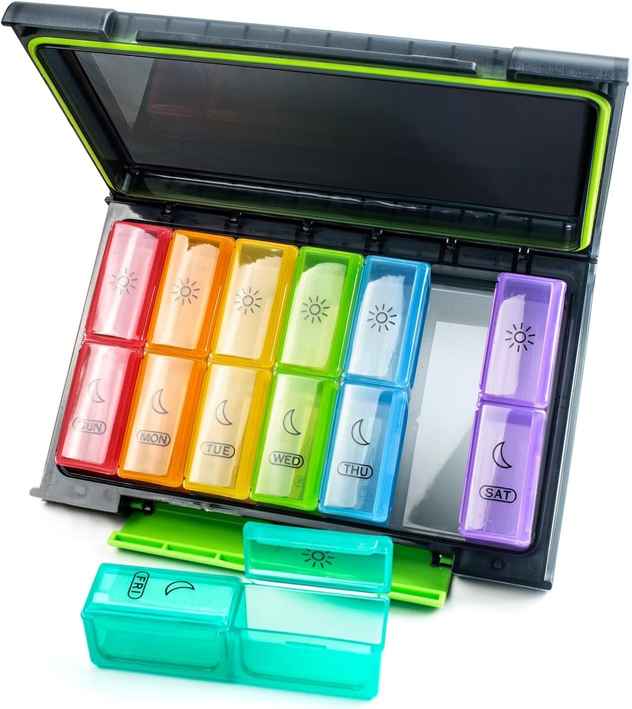 Weekly Pill Organizer 2 gånger om dagen, Moisture-Proof 7 Day Pill Case, Stor Pill Box Portable för resor med flyttbara individuella behållare för att hålla vitaminer, kosttillskott och medicinering